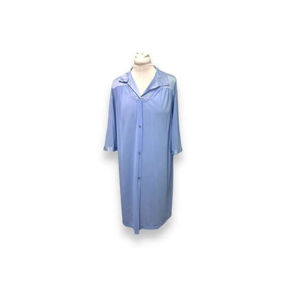VTG Vanity Fair Blue 3/4 Sleeve Button Up Night Shirt Nightgown Sleepwear M - Picture 1 of 7
